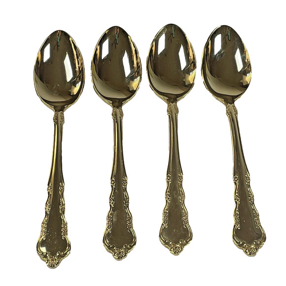 1847 Rogers Bros E.P. Korea Gold Plate Spring Flowers 4 Vtg Tsp Tea Spoons MCM - Picture 1 of 9